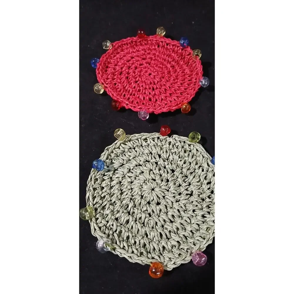 Drink Coasters Set 4 with Beads Multicolor Crocheted Handmade Boho Round Shape